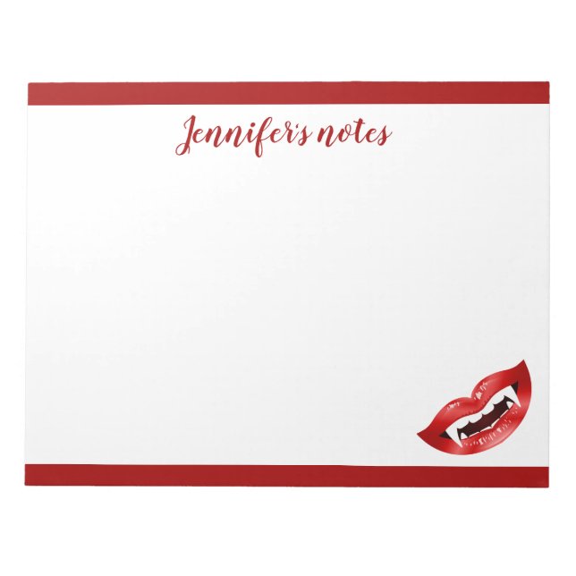 Vampire Mouth With Red Lips And Fangs Custom Text Notepad (Front)