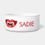 Vampire Mouth With Red Lips Illustration & Name Bowl<br><div class="desc">Destei's cartoon illustration of an open vampire mouth featuring red lips with white fangs. There is also a personalizable text area for a name.</div>