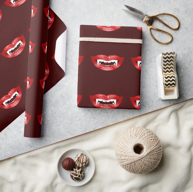 Vampire Mouths Pattern On Burgundy Red Halloween Wrapping Paper (Crafts)