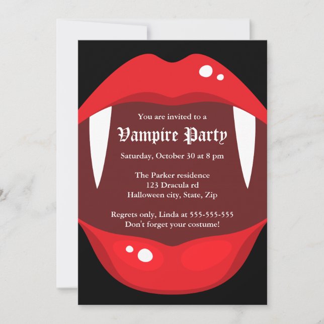 Vampire party invitation with fangs and red lips (Front)