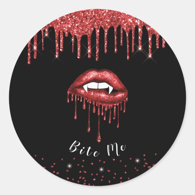 Vampire Red Glitter Drip Lips Halloween Black  Classic Round Sticker (Front)
