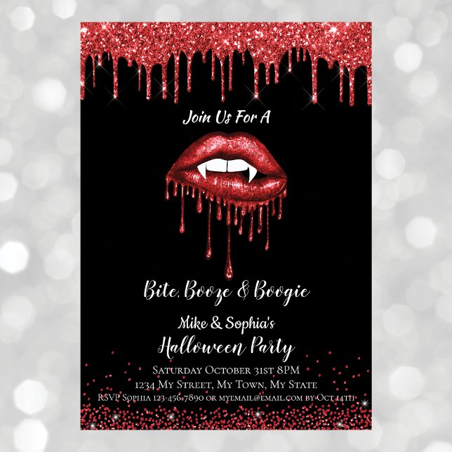 Vampire red glitter lips adult Halloween party Invitation (Front)
