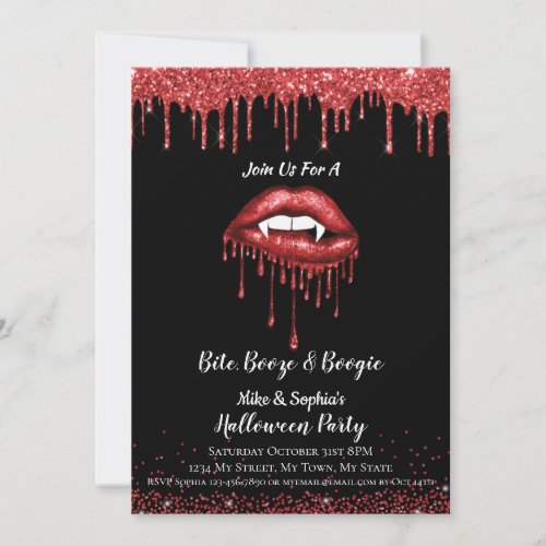 Vampire red glitter lips adult Halloween party Invitation