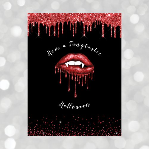 Vampire Red Glitter Lips  Fangs Halloween Black Holiday Postcard