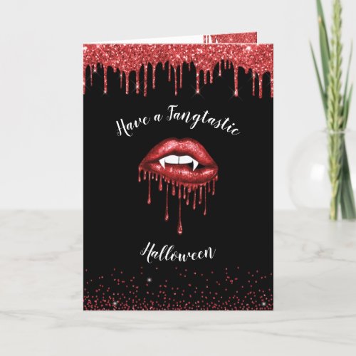 Vampire red glitter lips  fangs Halloween  Holiday Card