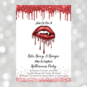 Vampire red glitter lips Halloween party white Invitation