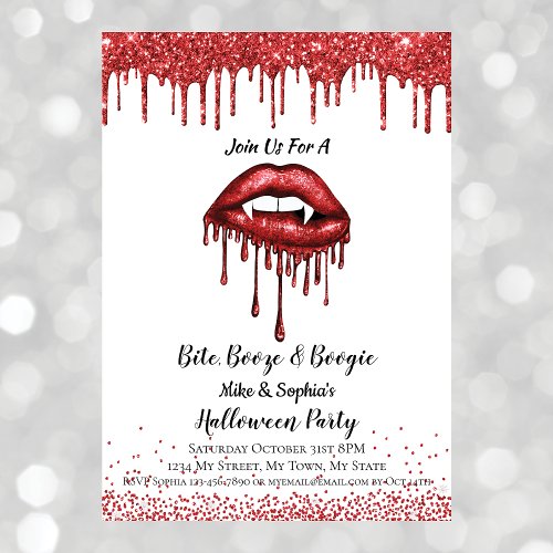 Vampire red glitter lips Halloween party white Invitation