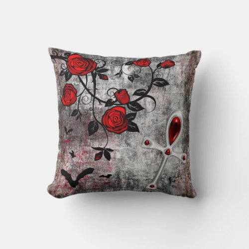 Vampire Roses Ankh and Bats Goth Throw Pillow