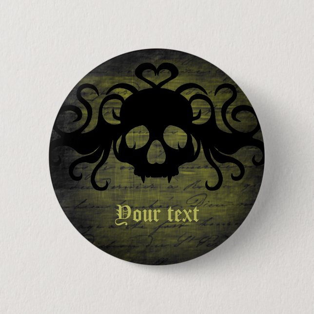 Vampire skull olive green pinback button (Front)