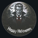 Vampire & Skulls Halloween Party Classic Round Sticker<br><div class="desc">customize with any text.</div>