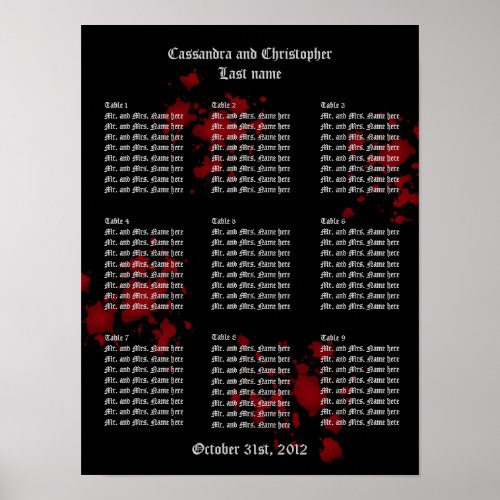 Vampire theme wedding guest table seating chart