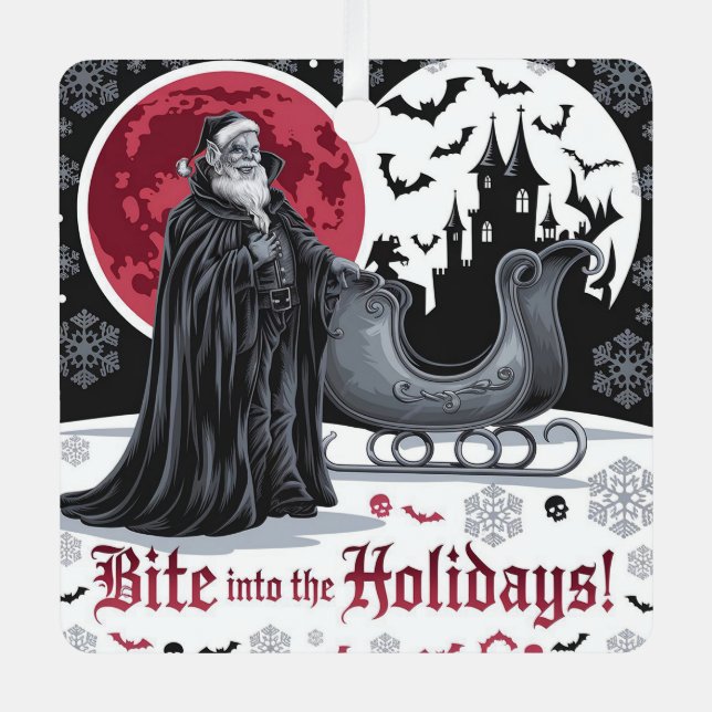 Vampire-Themed Gothic Christmas Card Crimson Moon Metal Ornament (Front)