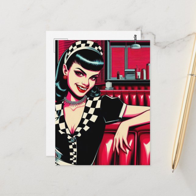 Vampire Waitress at the Retro Diner Postcard (Front/Back In Situ)