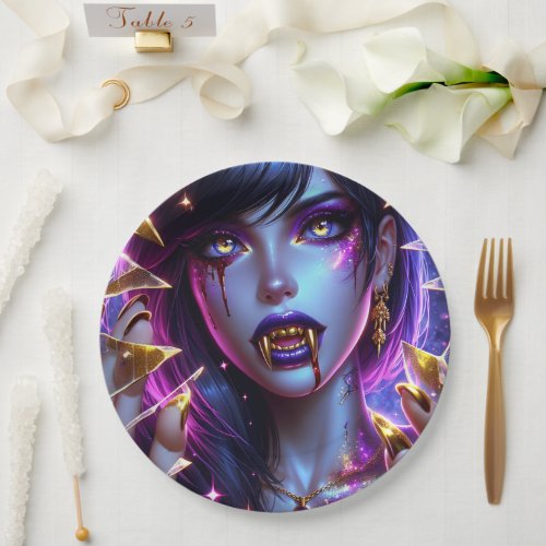 Vampire with Gold Eyes and Teeth Halloween Paper Plates