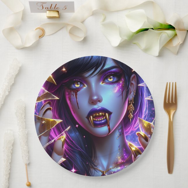 Vampire with Gold Eyes and Teeth Halloween Paper Plates (Wedding)