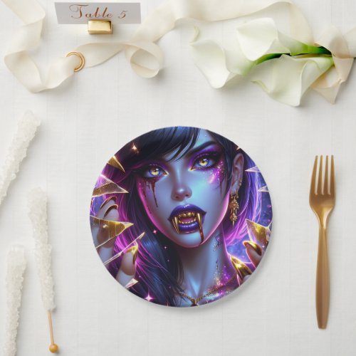 Vampire with Gold Eyes and Teeth Halloween Paper Plates