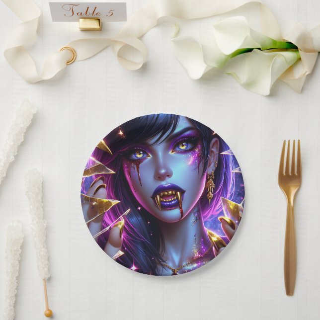 Vampire with Gold Eyes and Teeth Halloween Paper Plates (Wedding)