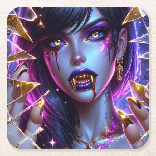 Vampire with Gold Eyes and Teeth Halloween Square Paper Coaster