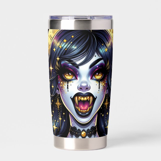 Vampire with Gold Fangs Full Moon Halloween Party Insulated Tumbler (Front)