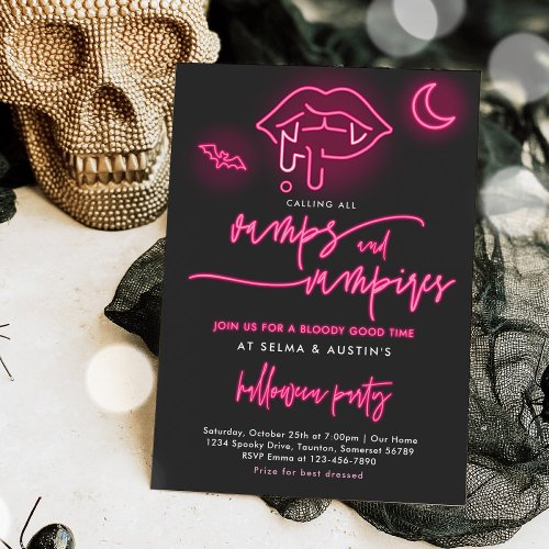 Vamps And Vampires Neon Halloween Cocktail Party Invitation