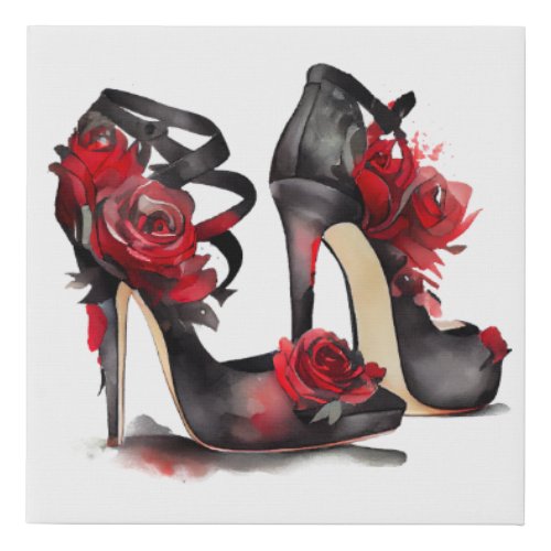 Vampy Fashion  Strappy Ankle Stilettos with Roses Faux Canvas Print