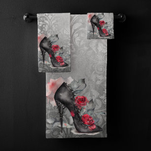 Vampy Spiked Stiletto   Red Rose High Heel Grunge Bath Towel Set