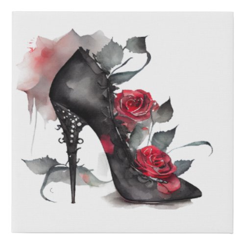 Vampy Spiked Stiletto  Red Rose High Heel Grunge Faux Canvas Print