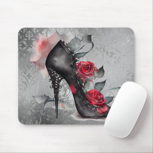 Vampy Spiked Stiletto  Red Rose High Heel Grunge Mouse Pad