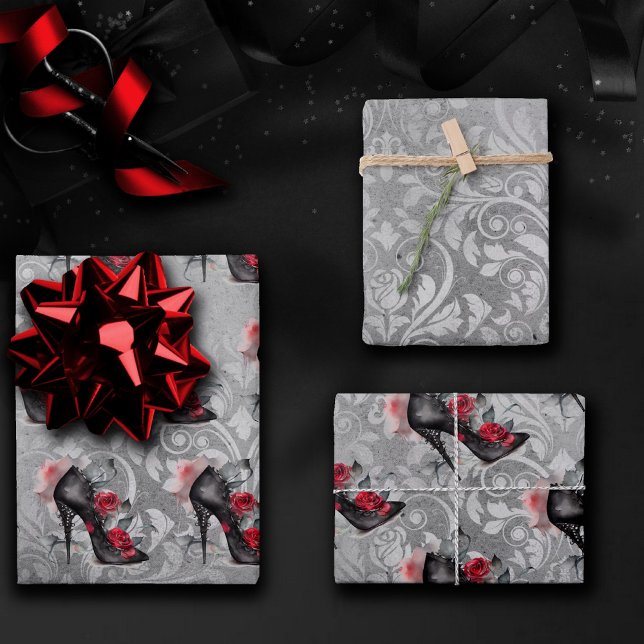 Vampy Spiked Stiletto | Red Rose High Heel Grunge Wrapping Paper Sheets (Creator Uploaded)