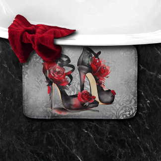 Vampy Strappy Stilettos | Red Rose Heels on Grunge Bath Mat