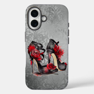 Vampy Strappy Stilettos Red Rose Heels on Grunge iPhone 16 Case