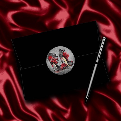 Vampy Strappy Stilettos  Red Rose Heels on Grunge Classic Round Sticker