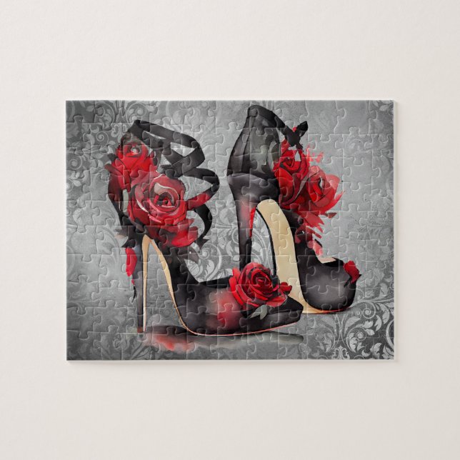 Vampy Strappy Stilettos | Red Rose Heels on Grunge Jigsaw Puzzle (Horizontal)