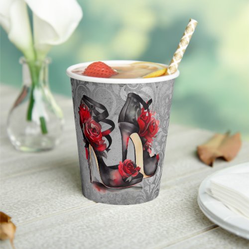 Vampy Strappy Stilettos  Red Rose Heels on Grunge Paper Cups