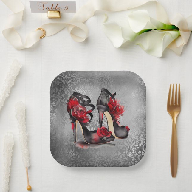 Vampy Strappy Stilettos | Red Rose Heels on Grunge Paper Plates (Wedding)