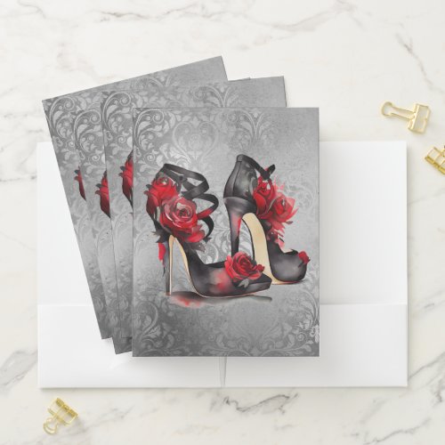 Vampy Strappy Stilettos  Red Rose Heels on Grunge Pocket Folder
