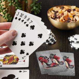 Vampy Strappy Stilettos Red Rose Heels on Grunge Poker Cards