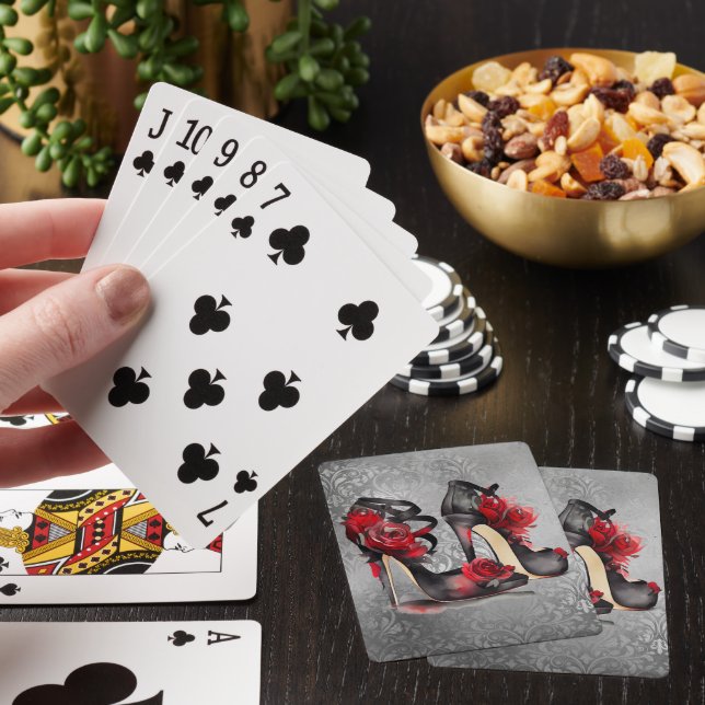 Vampy Strappy Stilettos | Red Rose Heels on Grunge Poker Cards (In Situ)