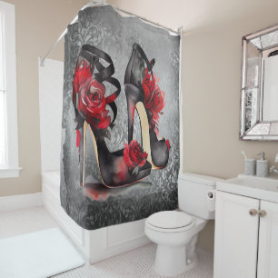 Vampy Strappy Stilettos Red Rose Heels on Grunge Shower Curtain