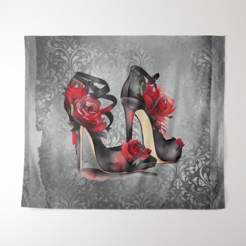 Vampy Strappy Stilettos  Red Rose Heels on Grunge Tapestry