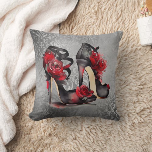 Vampy Strappy Stilettos  Red Rose Heels on Grunge Throw Pillow