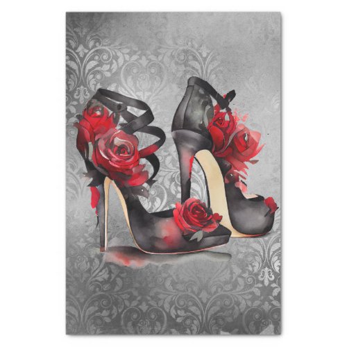 Vampy Strappy Stilettos  Red Rose Heels on Grunge Tissue Paper