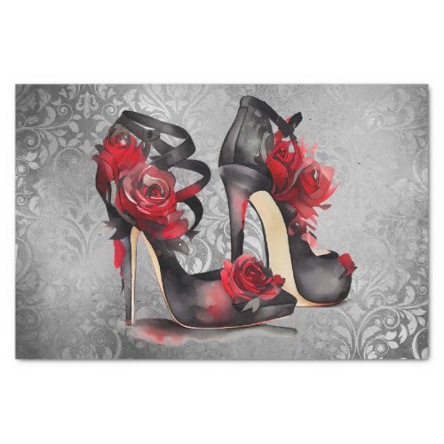 Vampy Strappy Stilettos  Red Rose Heels on Grunge Tissue Paper