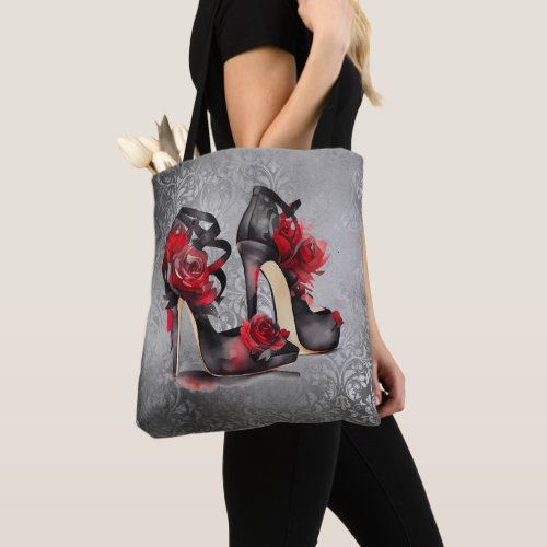 Vampy Strappy Stilettos  Red Rose Heels on Grunge Tote Bag