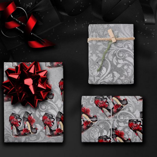 Vampy Strappy Stilettos  Red Rose Heels on Grunge Wrapping Paper Sheets