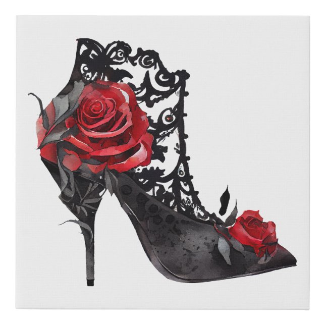 Vampy Vogue Grunge | Stiletto Lace Bootie Roses Faux Canvas Print (Front)