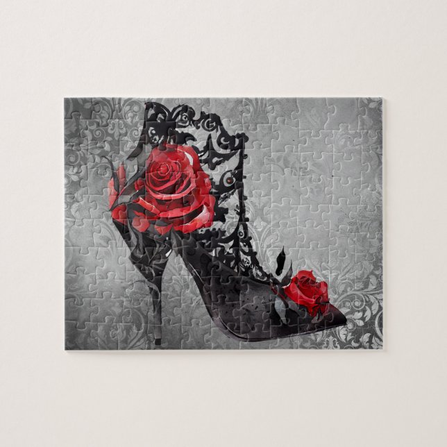Vampy Vogue Grunge | Stiletto Lace Bootie Roses Jigsaw Puzzle (Horizontal)