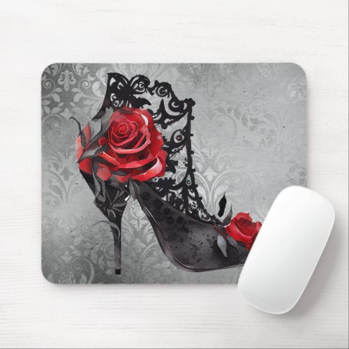 Vampy Vogue Grunge  Stiletto Lace Bootie Roses Mouse Pad