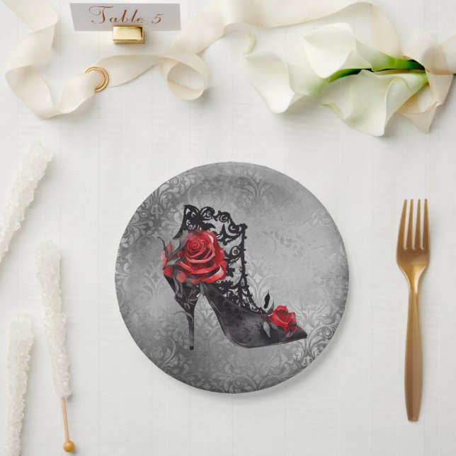 Vampy Vogue Grunge | Stiletto Lace Bootie Roses Paper Plates (Wedding)