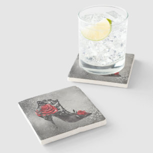 Vampy Vogue Grunge   Stiletto Lace Bootie Roses Stone Coaster